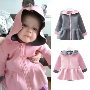 

autumn 3D Ear Rabbit Baby Girls Pink Gray Coat zipper Hoodies tops baby girl Clothes Long Sleeve Jackets & Coats winter Outwear