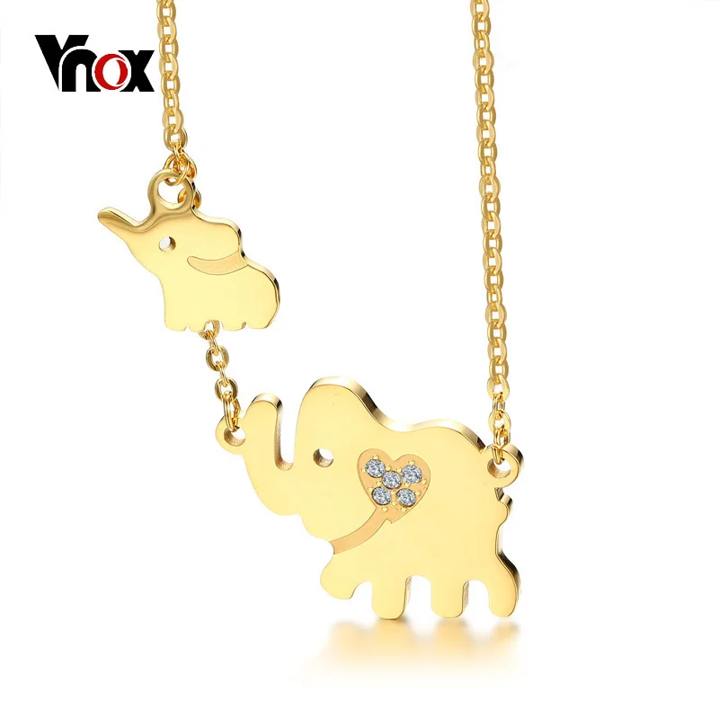 

Vnox Double Elephant Cute Choker Necklace For Women Pendant Gold Color Stainless Steel CZ Stones Heart Female Jewelry 21" Chain