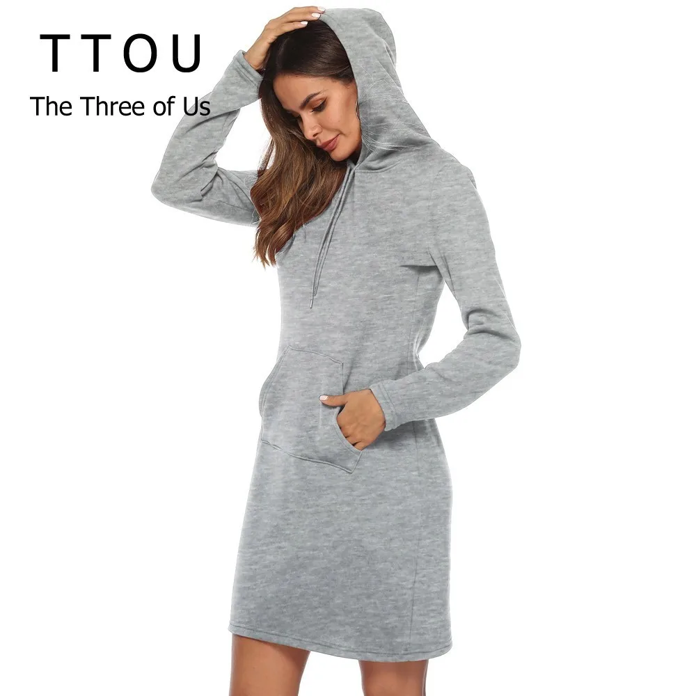 TTOU осень зима толстовка с длинным рукавом платье женское повседневное с капюшоном воротник карман дизайн простой стиль шнурок платье