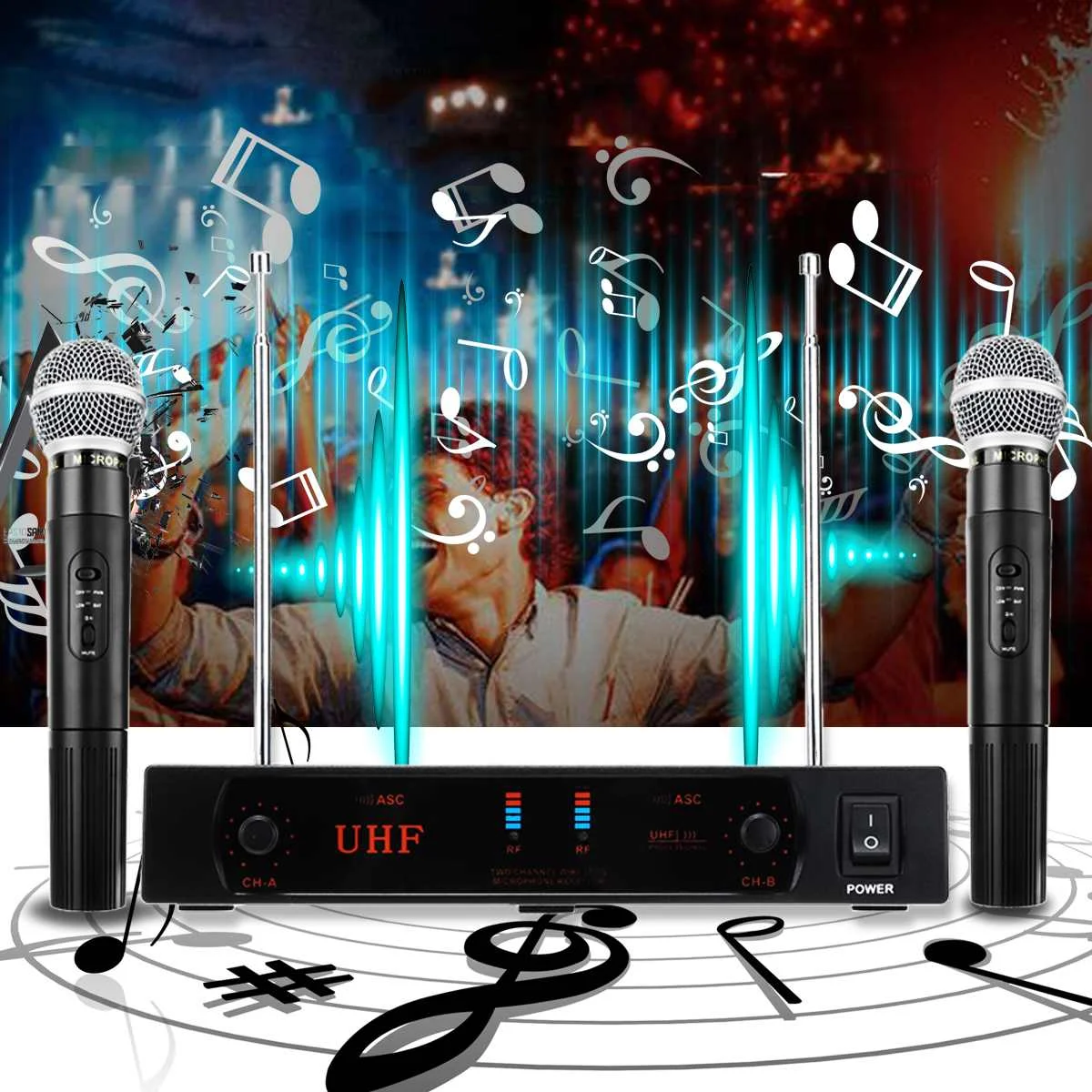 

220V EU/UK/US Plug UHF 2 Channel Professional Wireless Microphone Cordless System Handheld Karaoke for KTV Stage