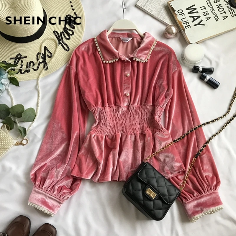 

European Runway Tops 2019 Autumn Winter Vintage Pearls Long Sleeve Slim Vlevet Blouses Women Pink/Black Shirt