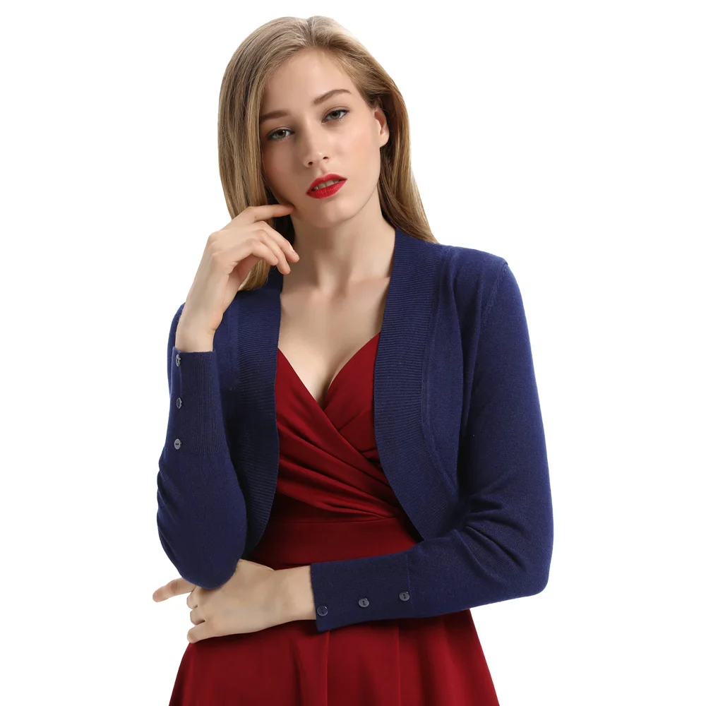 

BP Women knitted cardigan tops autumn Long Sleeve Open Front Buttons Decorated Shrug Cropped Bolero solid color slim vintage top