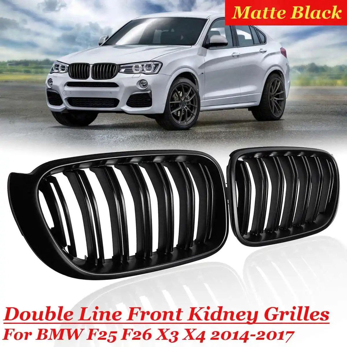 

For BMW F25 F26 X3 X4 1 Pair Bumper Gloss Matt Black M Color 2 Line Slat Kidney Grill Front Bumper 2014 15 16 2017 Racing Grill