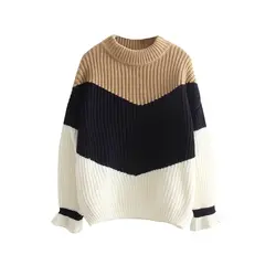 2019 корейский стиль свободный свитер женский пэчворк с длинным рукавом Женский вязаный свитер с круглым вырезом пуловер свободные женский