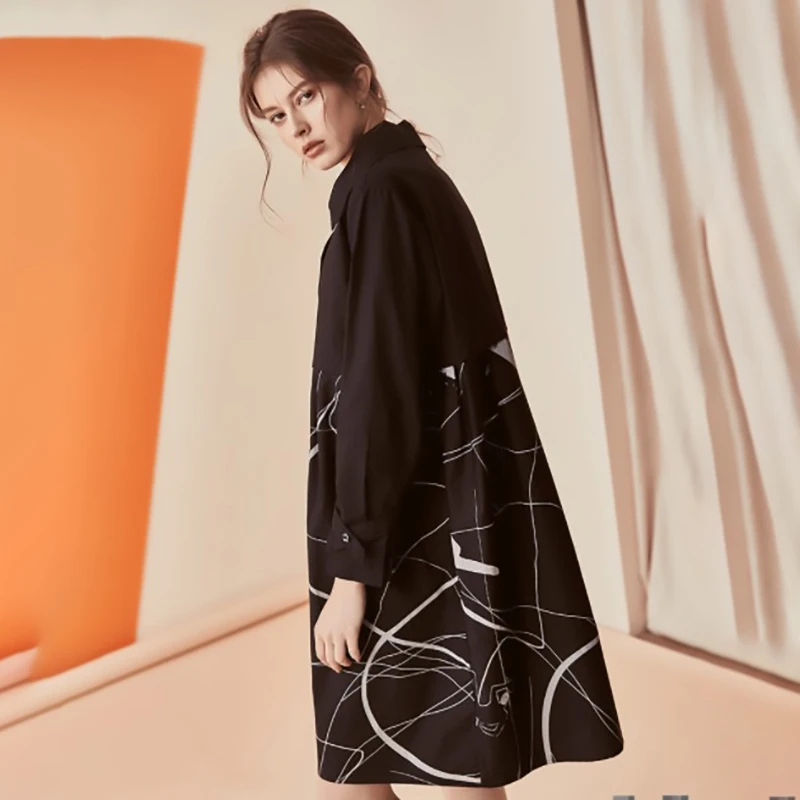

[EAM] 2019 New Autumn Winter Lapel Long Sleeve Black Pattern Printed Stitch Loose Long Shirt Women Blouse Fashion Tide JO498