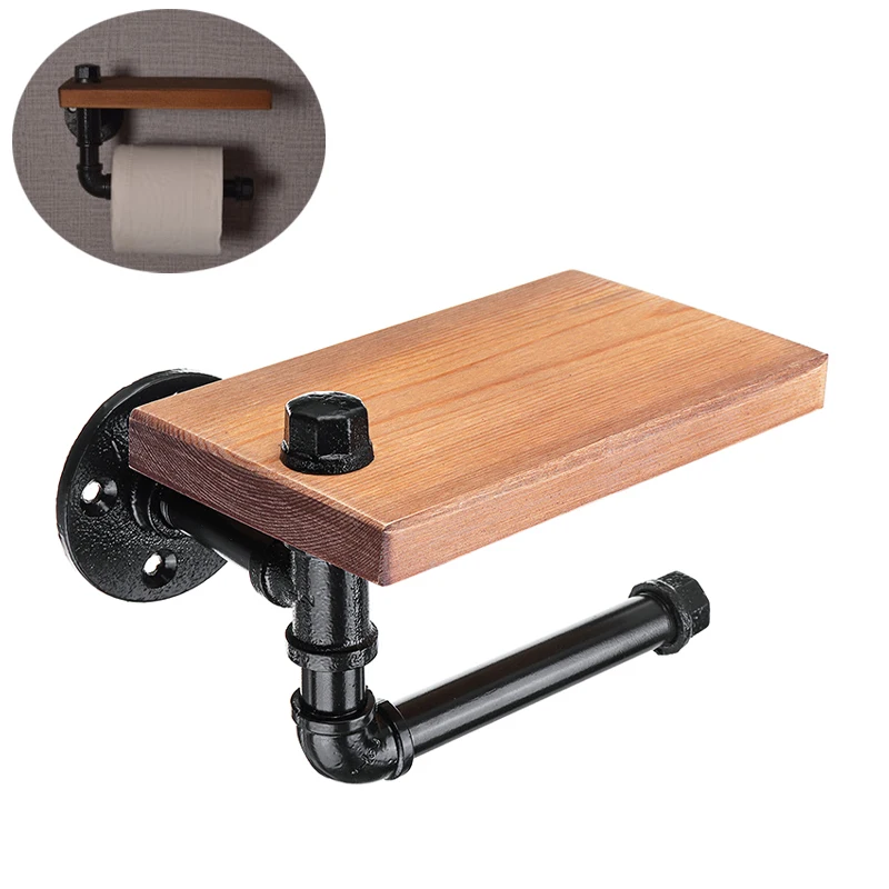 

Vintage Iron & Wood Bathroom Toilet Roll Paper Holder Wall Mount Bathroom WC Paper Rack Phone Holder with Storage Shelf Rack
