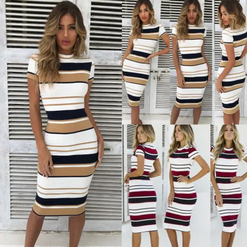 Women Red Summer Dress Sexy Sheath Striped Beach Dress O-Neck Elegant Party Dresses Short sleeve Plus Size