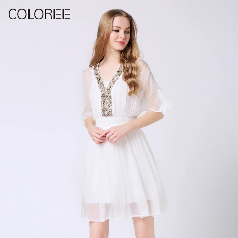 

2019 High Quality Luxury Pure Silk Dresses Womens Summer V-neck Beading Bohemian Beach Midi Dress vestidos de festa