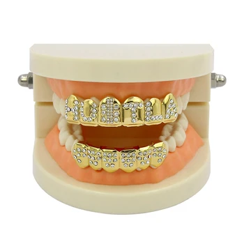 

Hip Hop Fang Teeth Grillz Set Gold Color Micro Pave Cubic Zirconia Top & Bottom teeth GRILLZ Mouth Teeth Grills Sets