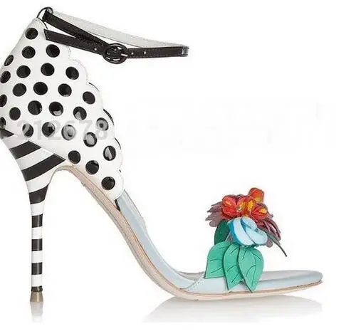 

Abesire 2019 Woman 3d Flower Embellished High Heels Ankle Strap Sandals Female Peep Toe Dot Print Cover Heels Dress Party Shoes