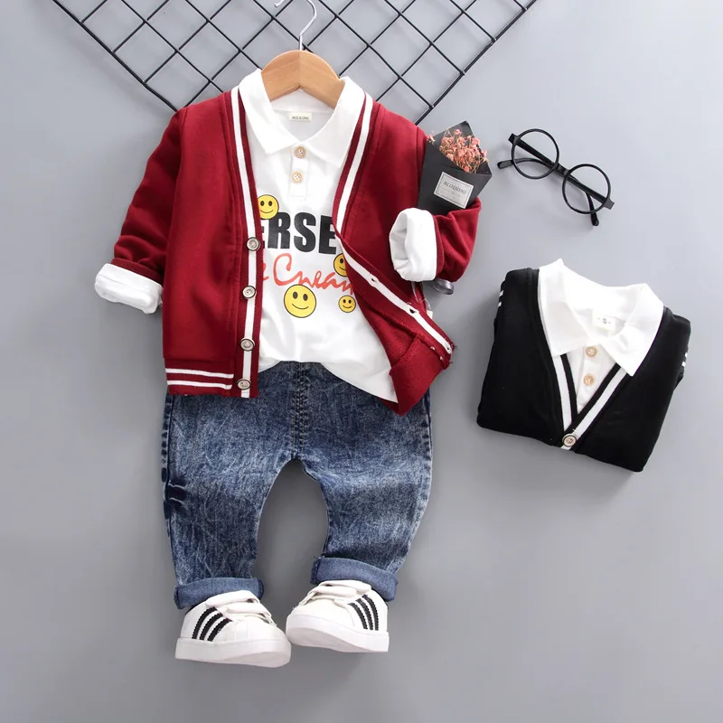 

2019 Spring New Infant Clothing Girl Boys Clothes Baby Coat Lapel T Shirt Jeans 3pcs/Sets Kid Child Fashion Casual Leisure Suits