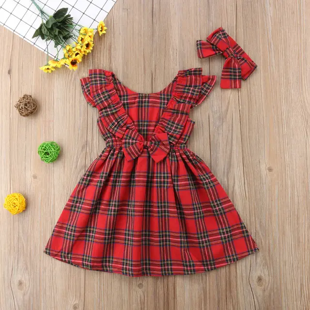 Toddler Baby Girl Christmas Plaid Dress Princess Dress Kids Bow Checked Tutu Party Wedding Dress 3