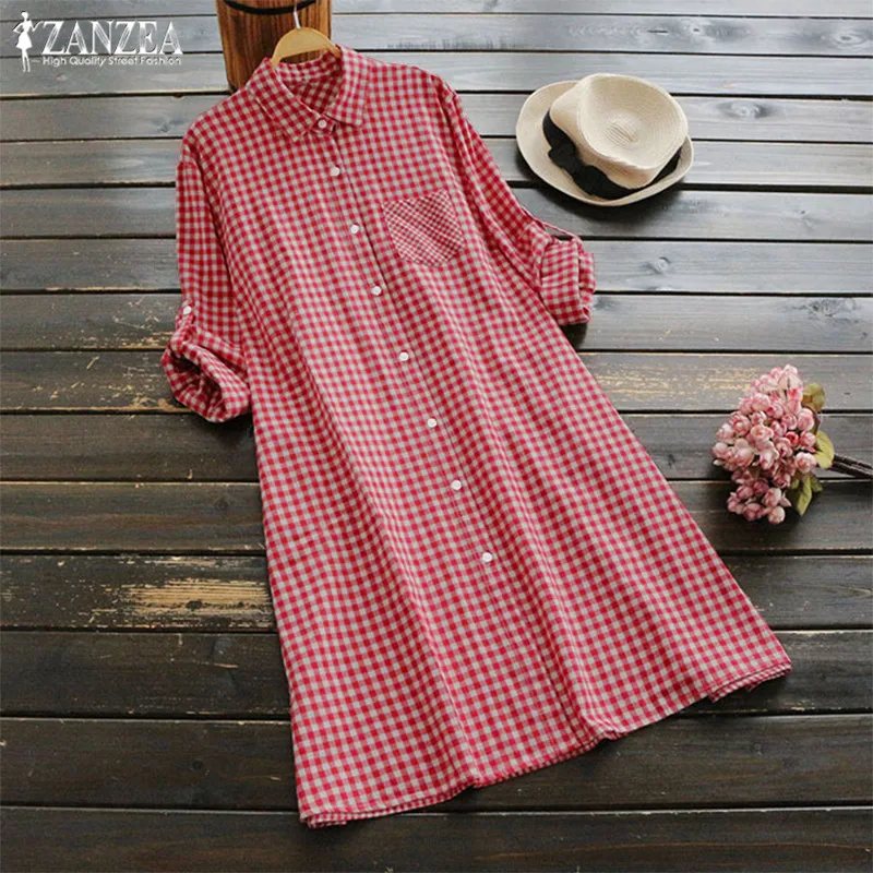 

Womens Checked Shirt Dress ZANZEA 2019 Vintage Short Vestido Robe Femme Long Shirts for Women Beach Sundress Button Party Dress