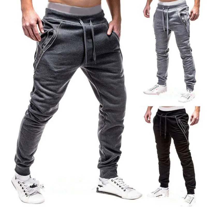 FDWERYNH Hip HopJoggers брюки 2018 тонкий сплошной цвет поддельные молнии длинные мужские