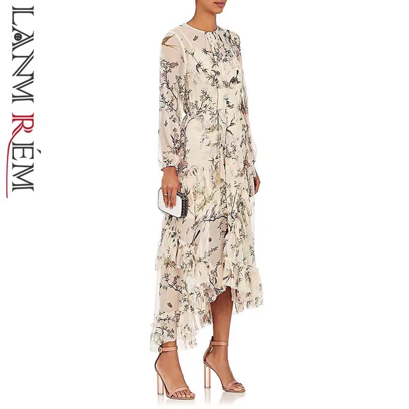 DEAT 2020 New Summer Round Neck Full Sleeves Printed See Through Thin Pullover Dresses Flower Chiffon Two Pieces WG16800L | Женская