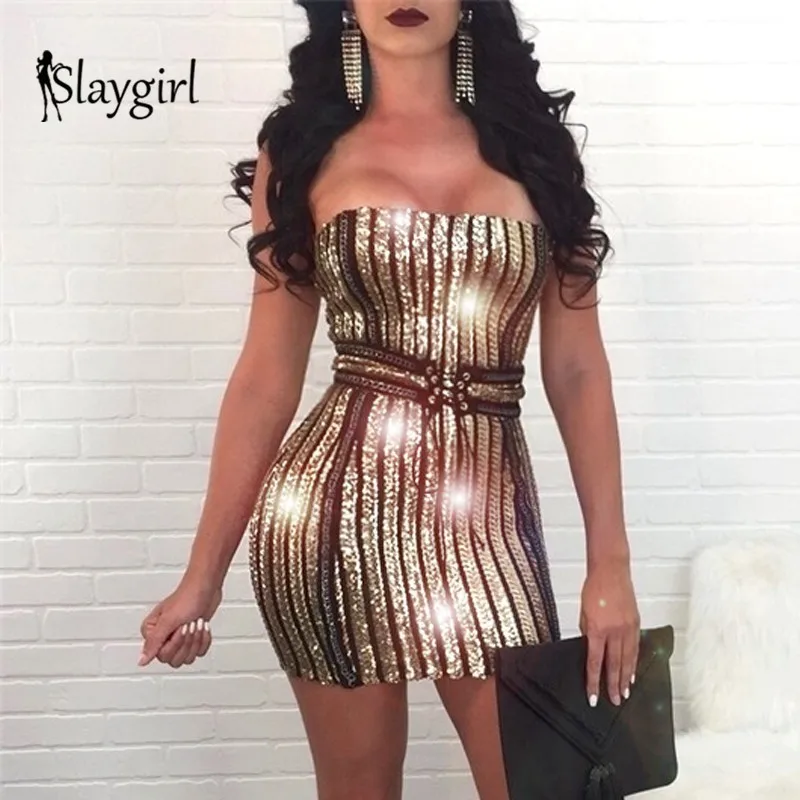 Slaygirl элегантное платье с пайетками, женское сексуальное облегающее платье без бретелек, короткое летнее платье с блестками, вечерние платья для ночного клуба, Vestidos