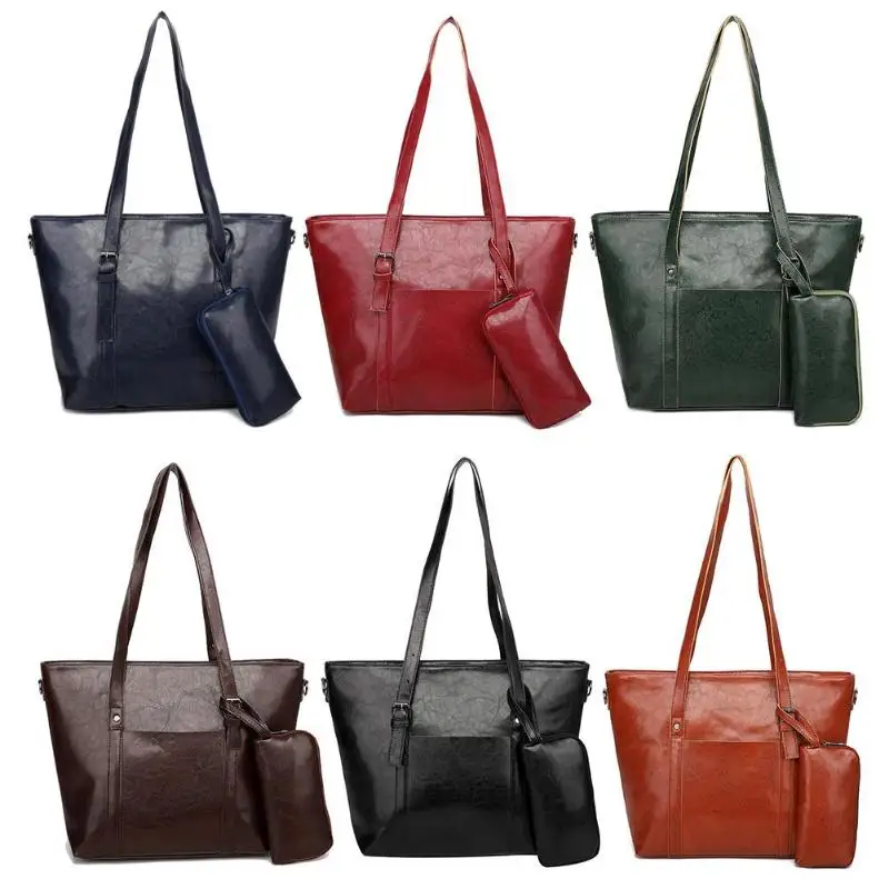 

2pcs/set Women Large Capacity Totes Handbag Solid Color Travel Shopping Bag Clutch Leather Shoulder Bags Purse