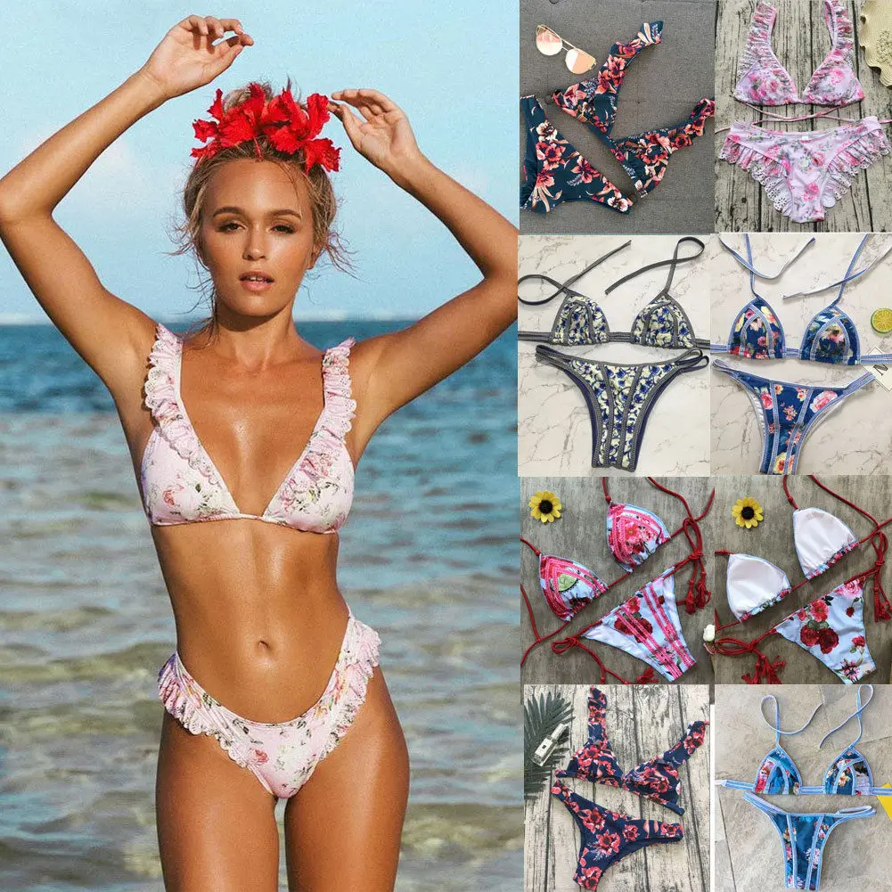 

2019 New Style Fashion Hot Women Push-up Padded Bra Bandage Bikini Swimsuit Ruffles Print Swimwear Bathing Suit