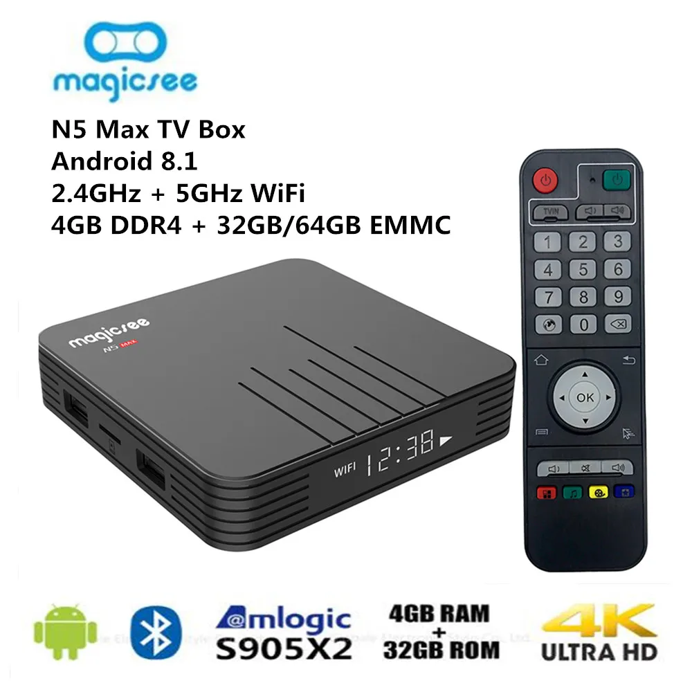 

MAGICSEE N5 Max Android 8.1 TV Box Amlogic S905X2 4GB 32GB 64GB ROM 5GHz WiFi Set Top Box Bluetooth 4.1 4K 64Bit Media Player