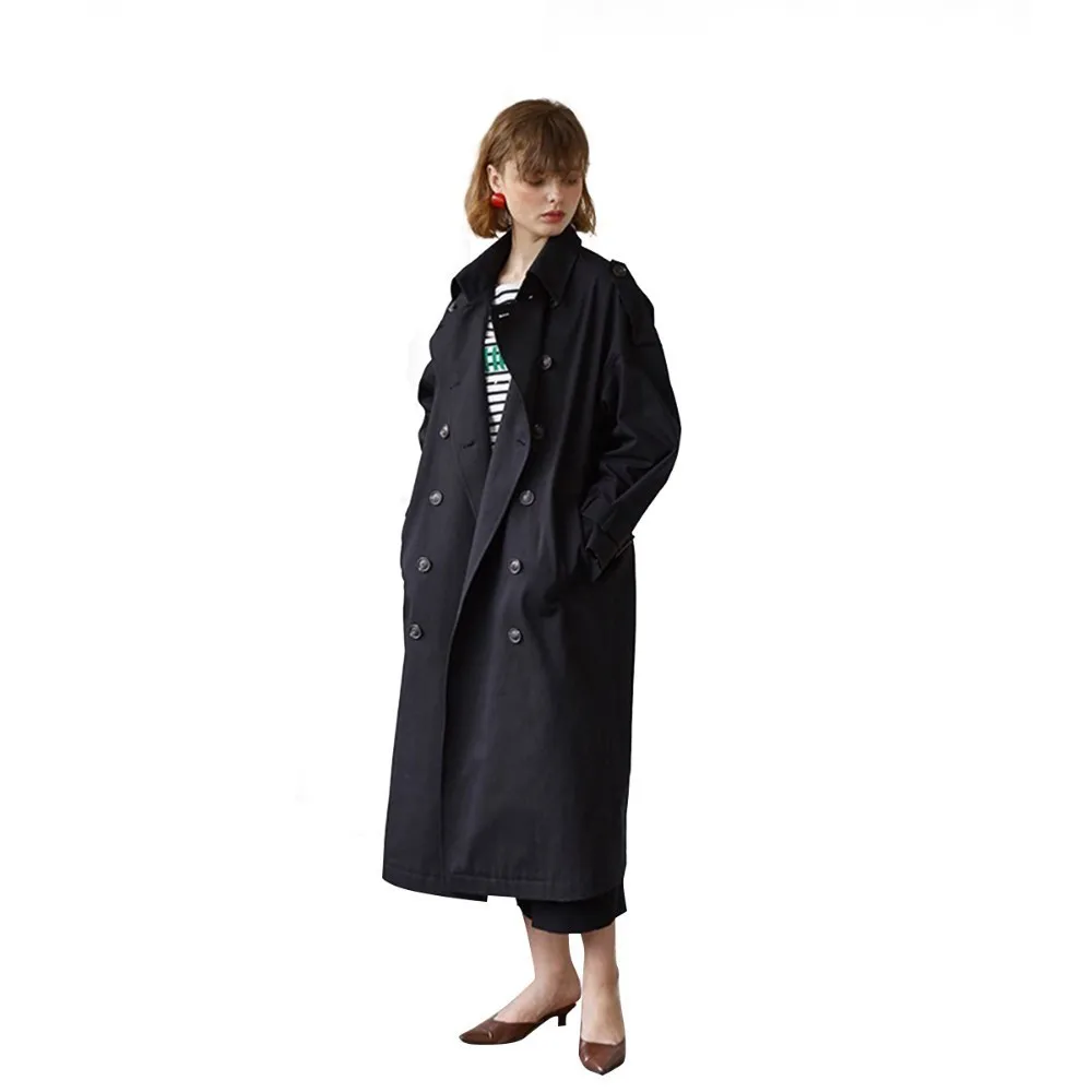 HYH HAOYIHUI Simplicity Double-breasted Lapel Waist Knot Loose Shoulder Sleeve Emblem Medium Length Fund Pure Color Windbreaker HYH HAOYIHUI Simplicity Double-breasted Lapel Waist Knot Loose Shoulder Sleeve Emblem Medium Length Fund Pure Color Windbreaker
