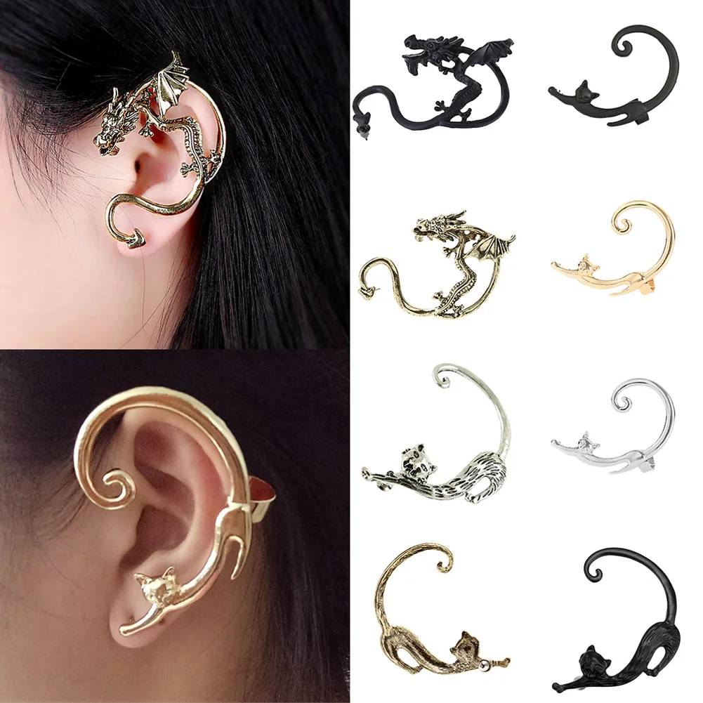 

Women 2018 Ear Wrap Single Piece Punk Style Gold Silver Plated Cat Post Earring With Ear Cuff Rock Animal Black Stud Earring