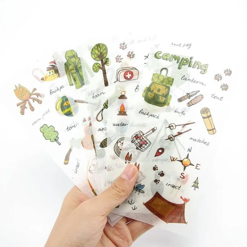 

6 Sheets/Bag Paper Stickers Camping Equipment Washi Stickey Decoracion Scrapbooking DIY Office Stationery School Supplies