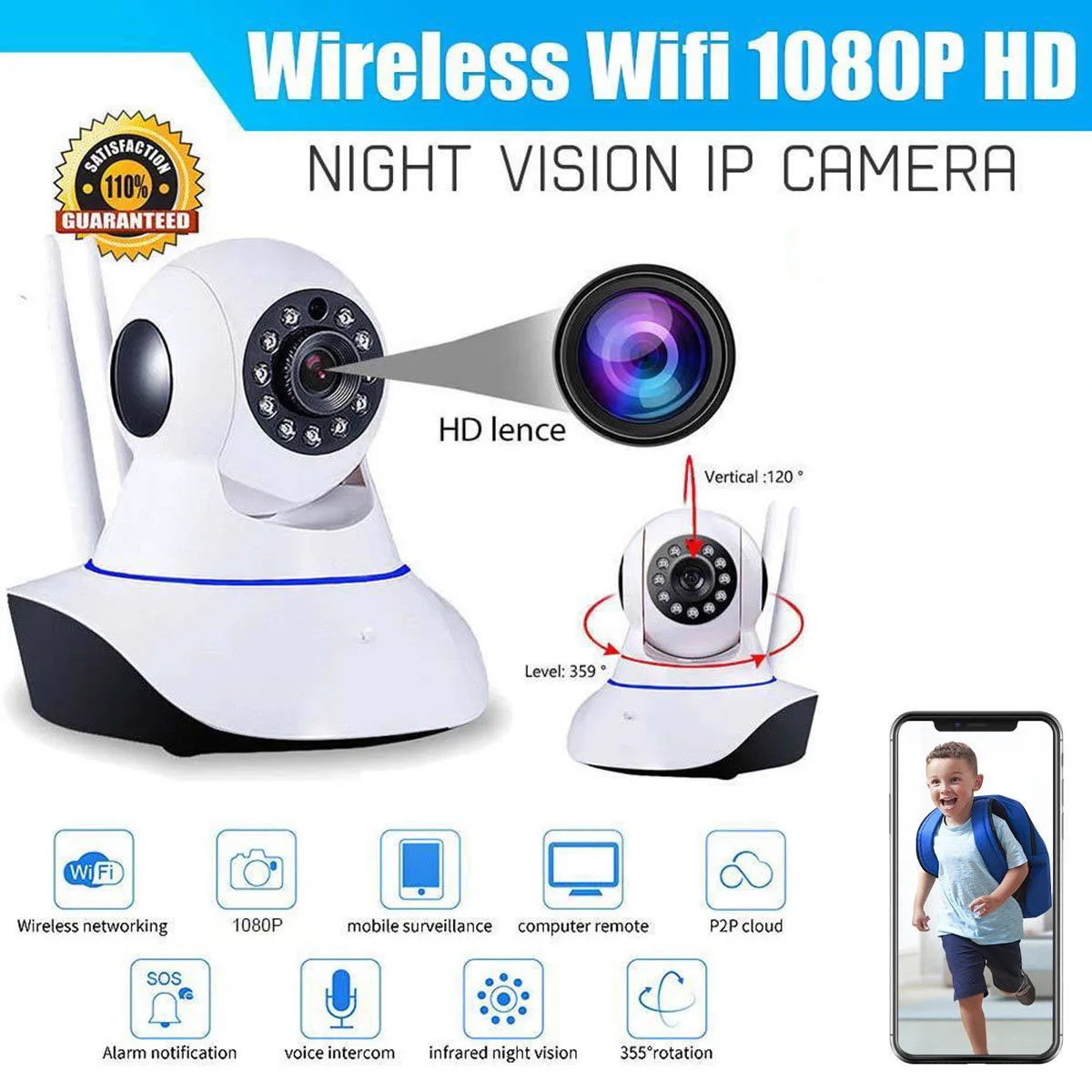 1080P беспроводная WIFI ip камера для дома и помещений монитор безопасности умная