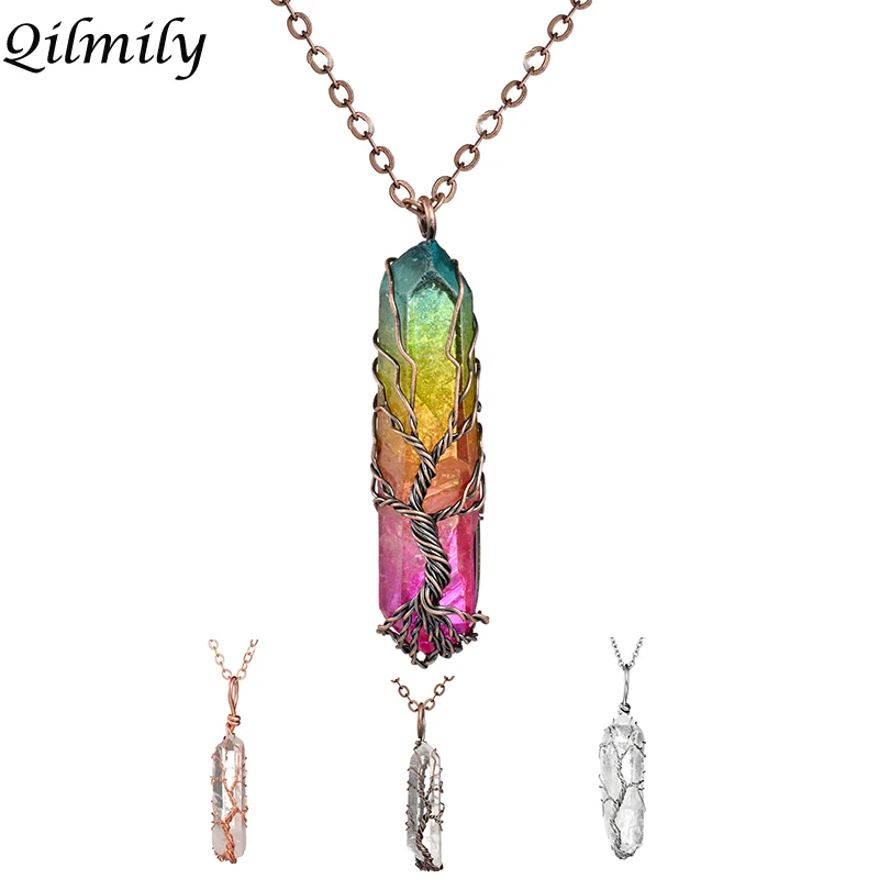 

Handmade 7Chakra Natural/Rainbow Stone Crystal Tree of Life Pendant Necklace for Women Men Hexagon Energy Jewelry Gifts