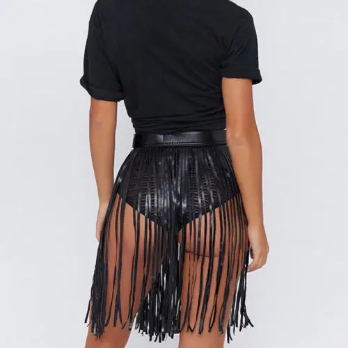 

Sexy Women Ladies Clothes Skirts PU Leather Fringe Tassel Slim High Waist Party Short Skirt Women
