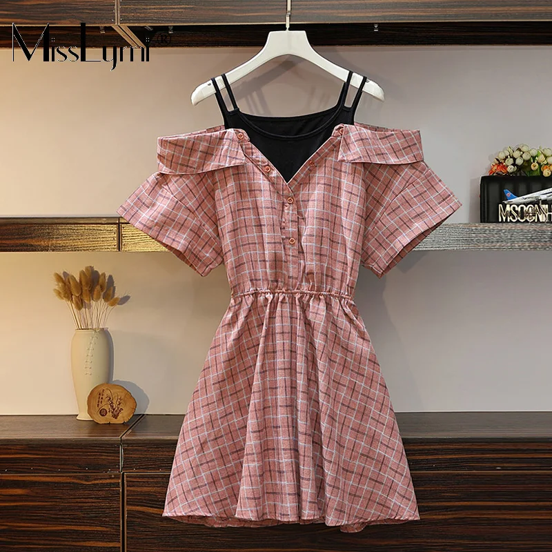 

L-4XL Plus Size Women Plaid Off Shoulder Dress Summer 2019 Sexy Slash Neck Short Sleeve Elastic Waist Loose A-Line Mini Dresses