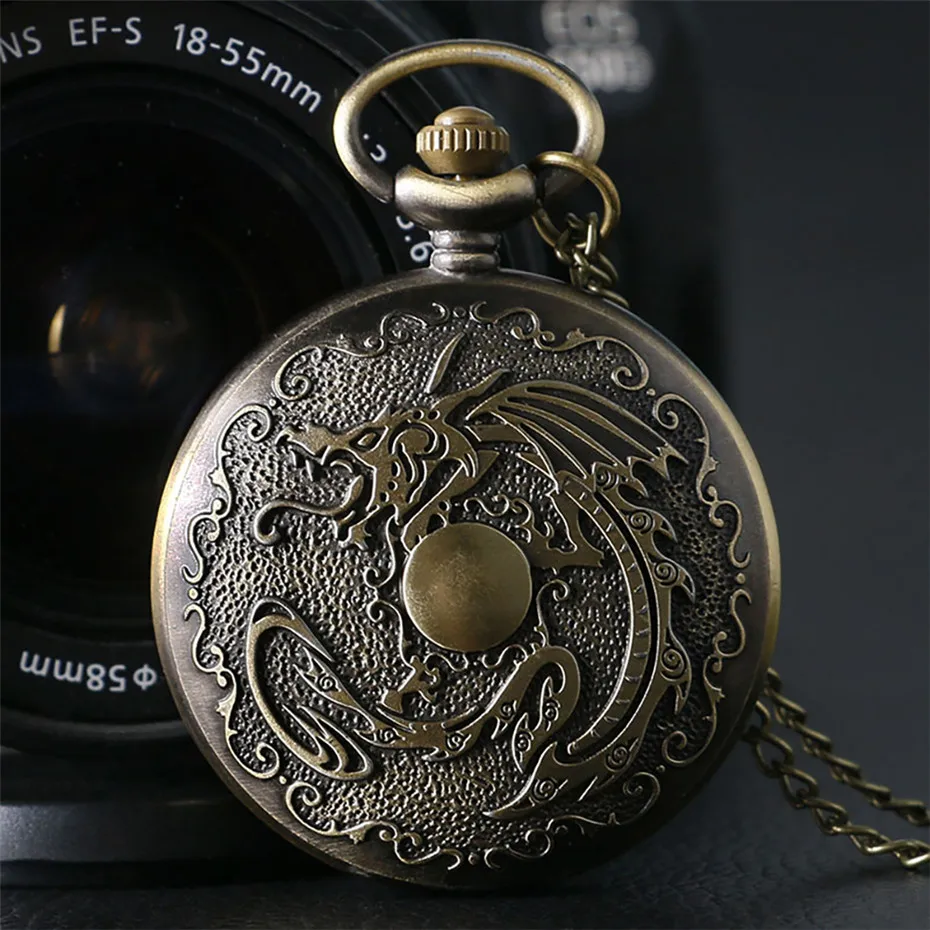 

Retro Bronze Dragon Design Quartz Pocket Watch Full Hunter Vintage Pendant Clock Gifts for Men Women with Necklace Chain reloj