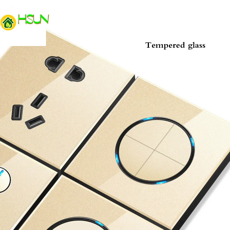 with USB Champagne Gold 1 2 3 4 Gang 1 Way 2 Way Glass Mirror Switch 86 type Wall Switch France Germany UK socket Household