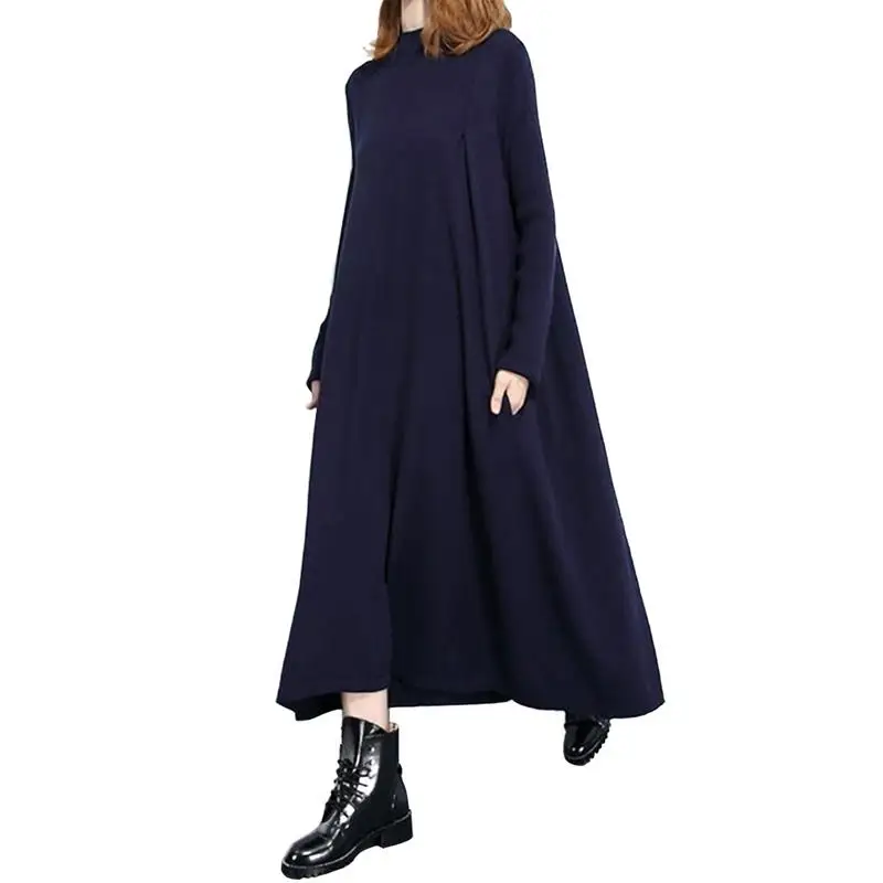 

Large Size Loose Long Dress High Neck Pocket Dresses For Women Female Ladies Girls Fashion Casual Vintage Clothes Winter Dress