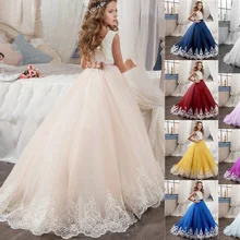 Торжественное кружевное платье с аппликацией, тюль, цвет Шампань, бальное платье, платья с поясом для девочек, платье-пачка для свадьбы, милое детское платье принцессы