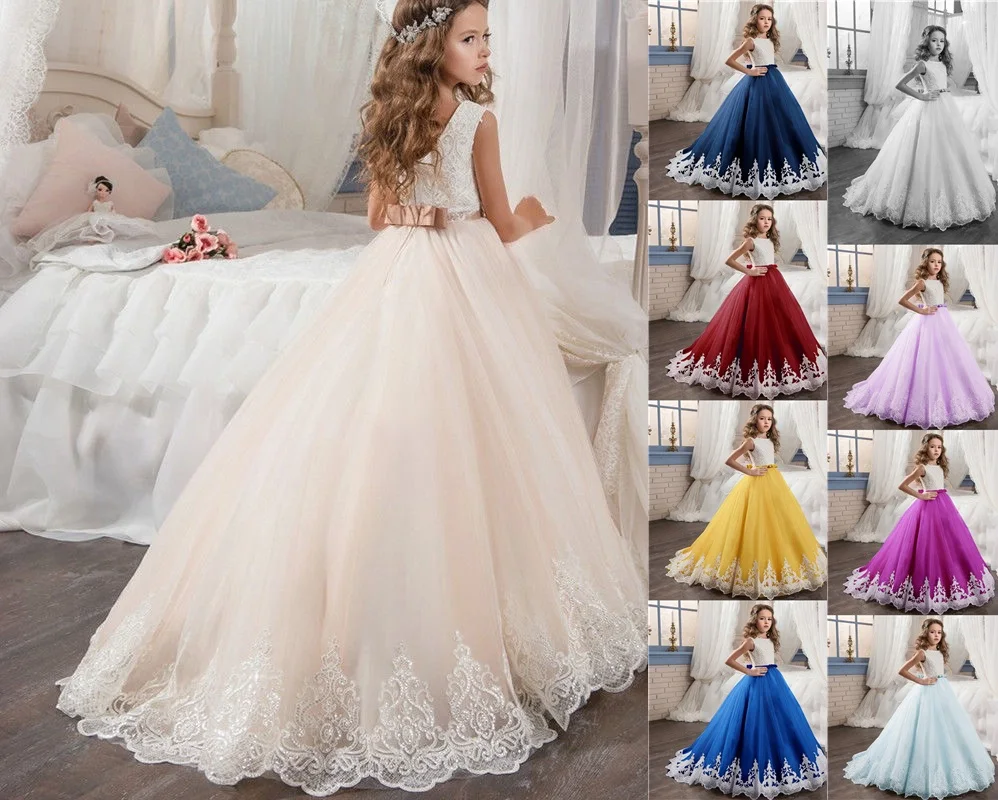 

Formal Lace Applique Champagne Tulle Ball Gown Flower Girl Dresses with Sash for Wedding TUTU Cute Princess Kids Gown