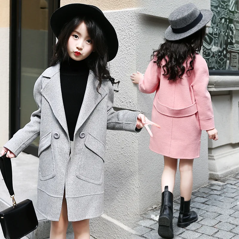 Новое поступление года; модная шерстяная куртка для девочек; сезон осень популярный детский длинный плащ в Корейском стиле детская верхняя одежда ветровка