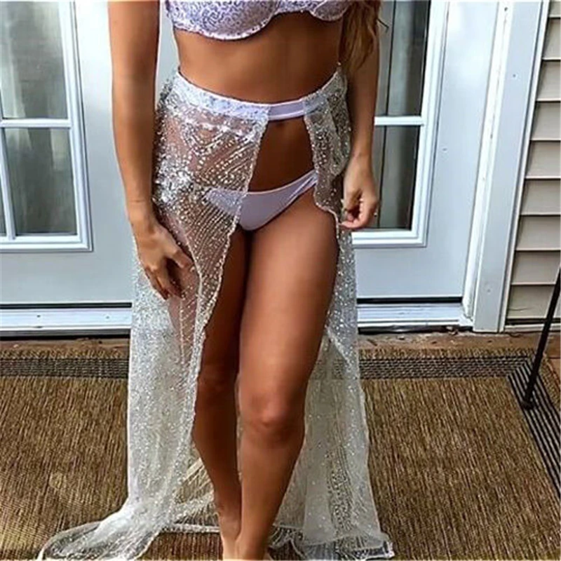 New Women's Bathing Suit Lace Up Crochet Bikini Cover Up Swimwear Summer Beach Sequined Skirt