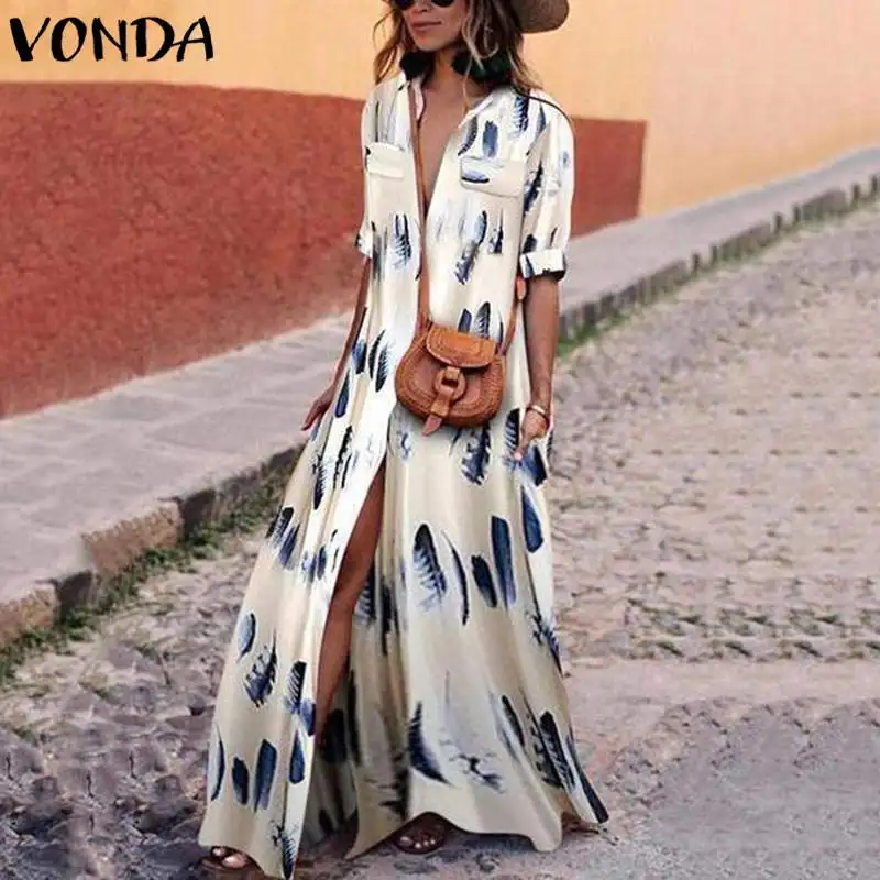 

VONDA Bohemian Women Maxi Long Dress Sexy V Neck Full Sleeve Split Ankle-length Printed Dress 2019 Spring Vestidos Plus Size