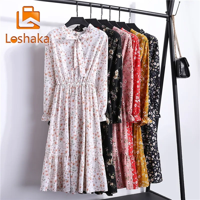 

Loshaka Office Long Sleeve Polka Dot Vintage Dress Women Autumn Dress Shirt Chiffon Midi Casual Red Floral Winter Dress For Lady