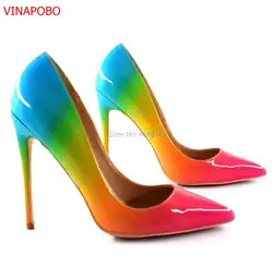 Vinapobo дизайн градиент цвета лакированная кожа Радуга обувь для женщин Офис Обувь для вечерние острый носок Модные стилеты на высоком