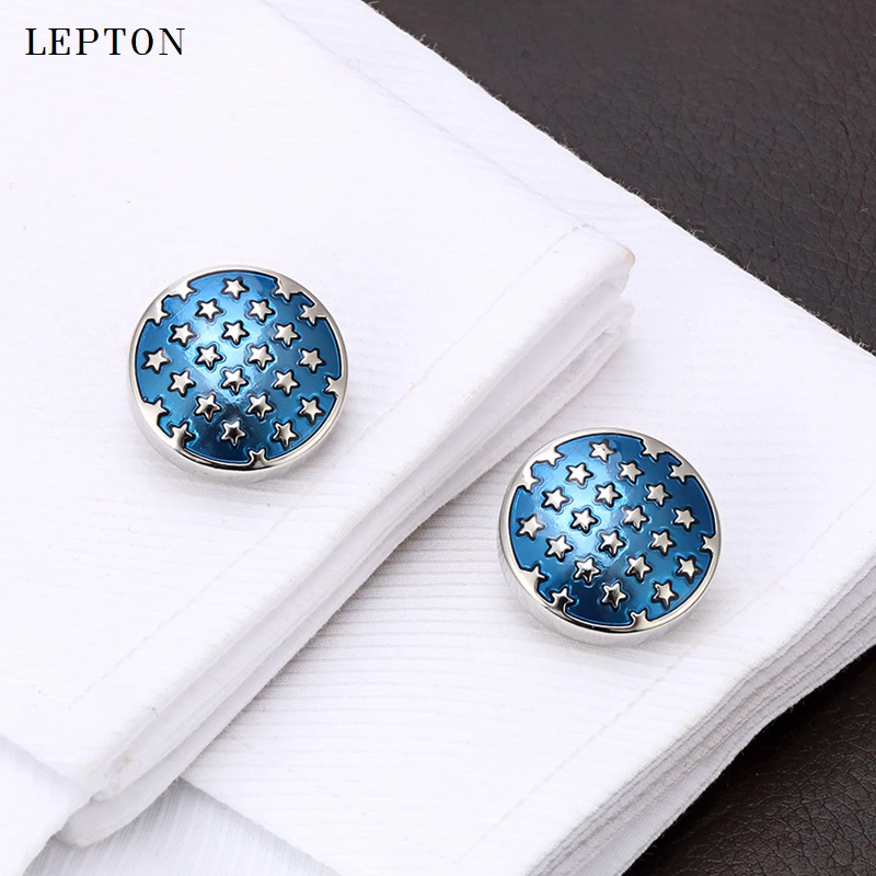 

Lepton Blue Star Cufflinks Stainless Steel Round Enamel Star Cuff links for Mens Shirt Studs Gift Lawyer Relojes gemelos