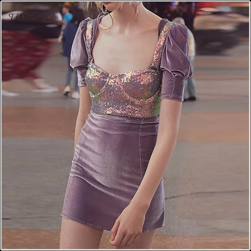 Summer Women Sexy Sheath Short Mini Dress Open Chest Short Puff Sleeve Sequined Vest Bodycon