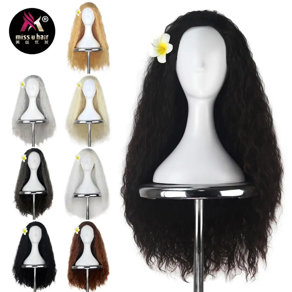 Filme de Halloween Peruca para Menina Adulto com Flor Miss Cabelo Feminino Longo Kinky Encaracolado Marrom Escuro Moana Preto Cosplay Traje u