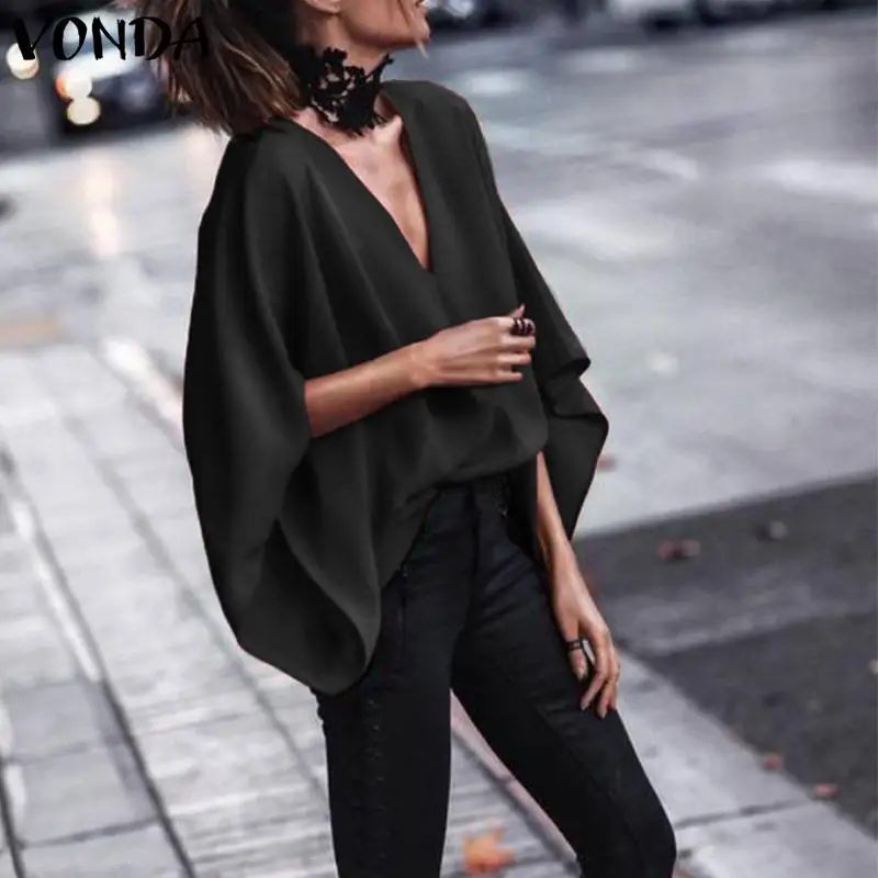 

VONDA 2019 Spring Autumn OL Shirt Women Blouse Shirts Sexy V Neck Long Batwing Sleeve Tops Blouse Casual Loose Blusas Plus Size