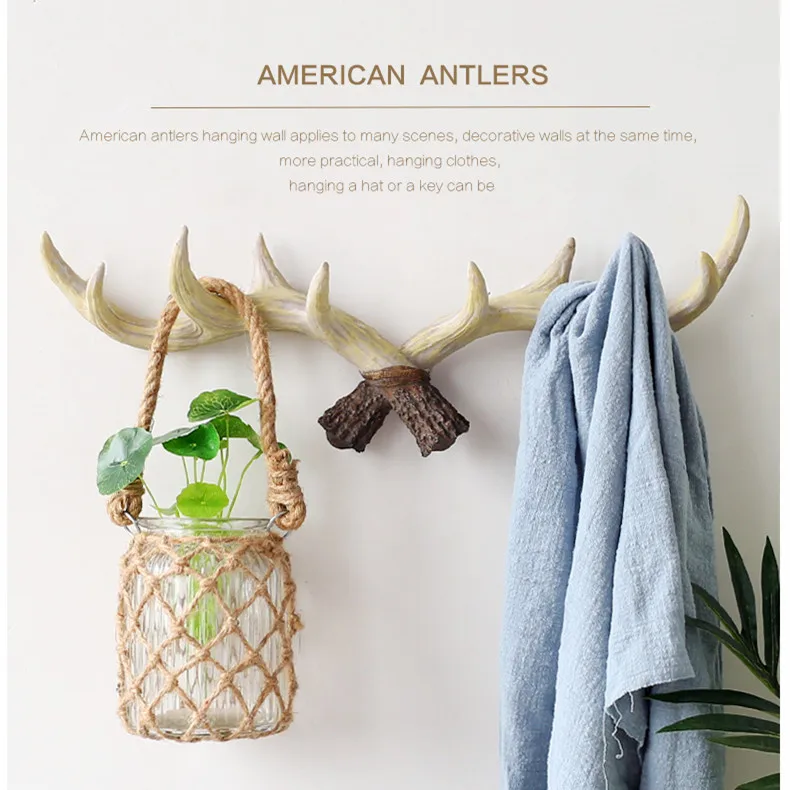 

17X48cm KiWarm Rustic Reindeer Stag Deer Antlers Sculptures Coat Wall Hooks Rack Decorative Wall Decoration Crafts Ornaments