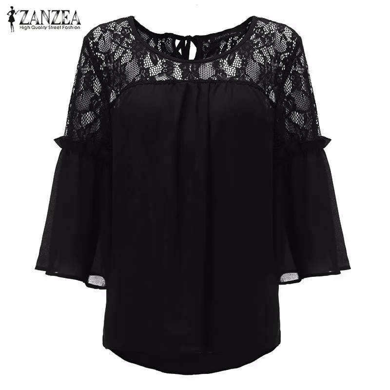 ZANZEA Лето женская блузка шифон, кружево с отделкой стиле пэчворк цветочные крючком рубашка О-образный вырез повседневные свободные топы Blusas Femininas размера плюс