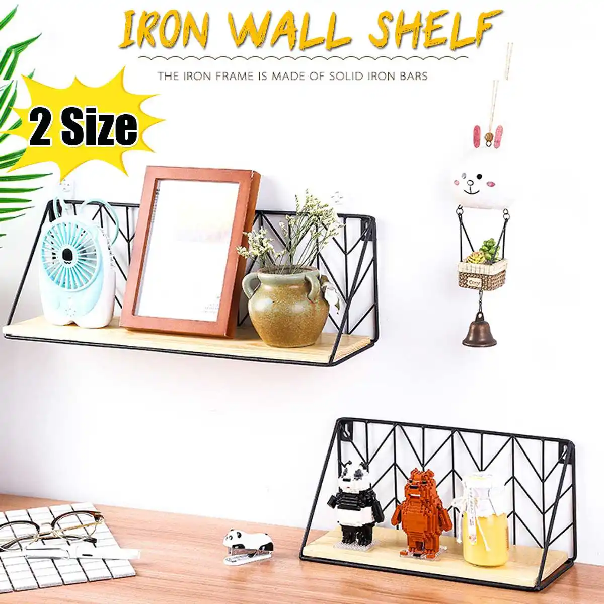 

Nordic Style Iron Hanging Wood Shelf Storage Floating Wall Shelves Bedroom Home Storage Rack Mounted Bedroom Living Room Kitchen