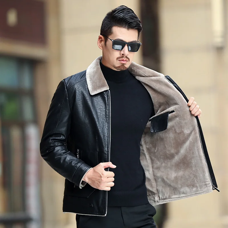 Для мужчин куртки мех животных пальто с флисовой подкладкой курточка бомбер черный кожаный мужская верхняя одежда зима утепленная одежда