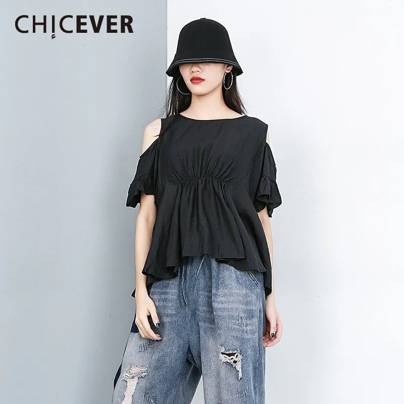 

CHICEVER Summer Colid Black Women T-shirt O Neck Half Butterfly Sleeve Off Shoulder Draped Short Female Top Clothing 2019 New