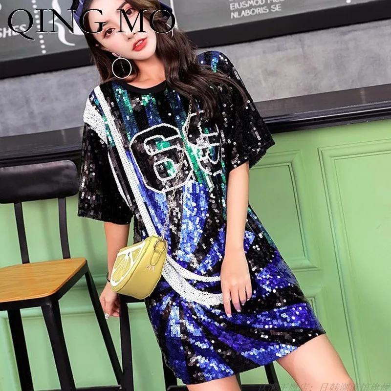 

QING MO Full Sequin Short Sleeve Dress Women Letter Printing Dress Above Knee Dress Summer Sport Paillette Tops ZLDM133